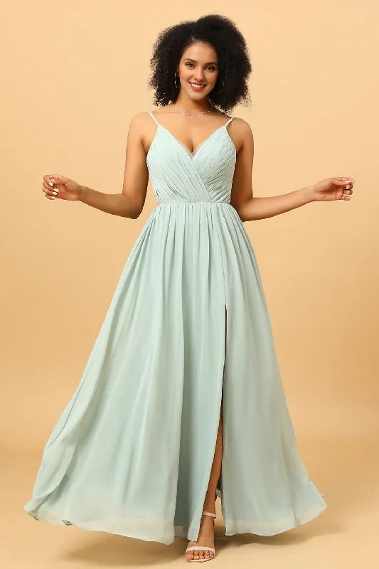 Light green pleated long slit chiffon bridesmaid dress