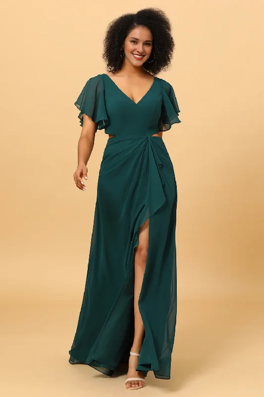 Pine V-neck short sleeved chiffon bridesmaid dress