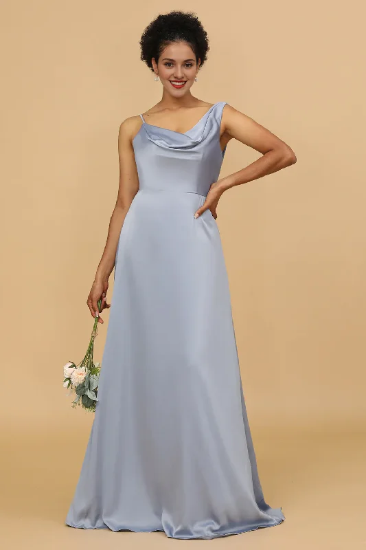 Grey blue A-line asymmetrical neckline satin long bridesmaid dress