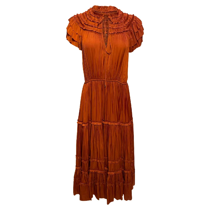 Ulla Johnson Isadora Tiered-Sleeve Satin Plisse Midi Dress in Orange Polyester