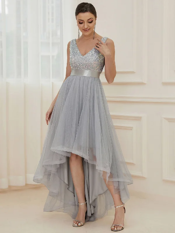 Sparkling Wholesale Evening Dresses with Asymmetrical Hem Deep V Neck