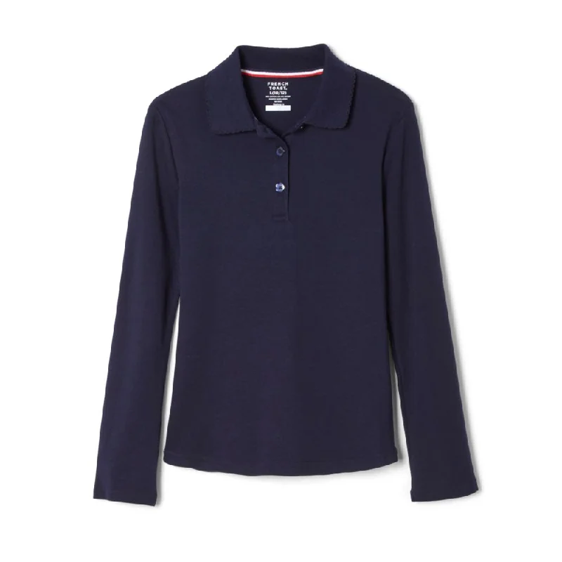 French Toast Girls Long Sleeve Picot Collar Polo - Navy