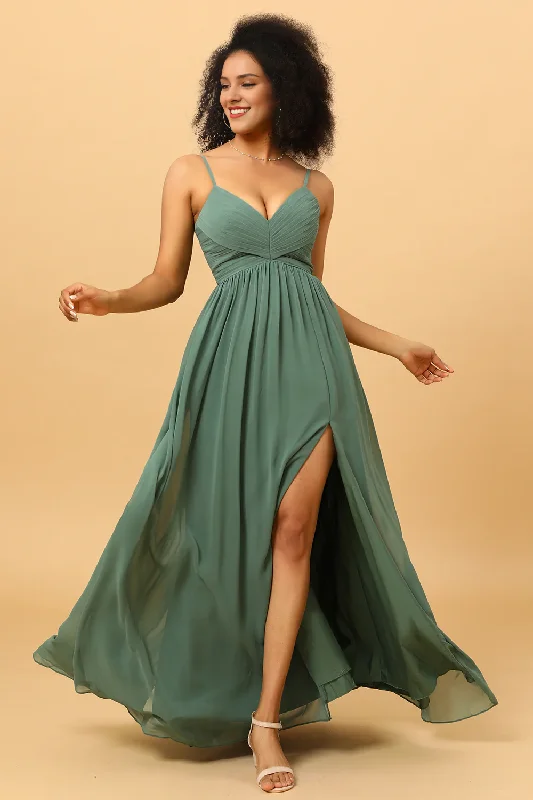 Eucalyptus A-line fine shoulder strap pleated long slit chiffon bridesmaid dress