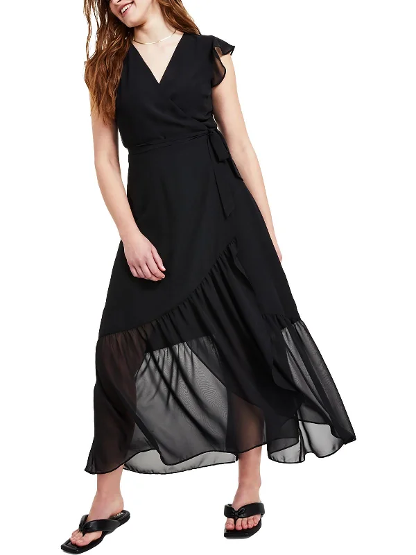 Petites Womens Wrap Ruffle Sleeves Maxi Dress