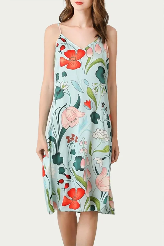 Mulberry Floral-Print Silk Midi Slip Dress in Sky Blue