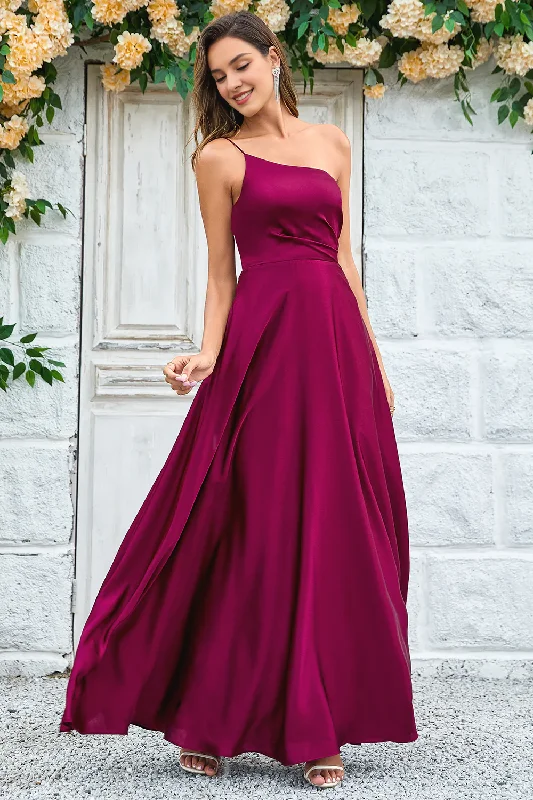 Wine red A-line shoulder to floor length satin bridesmaid dress