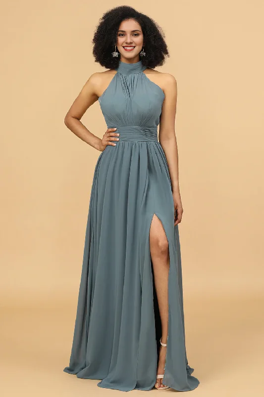 Grey neck hanging pleated long slit chiffon bridesmaid dress