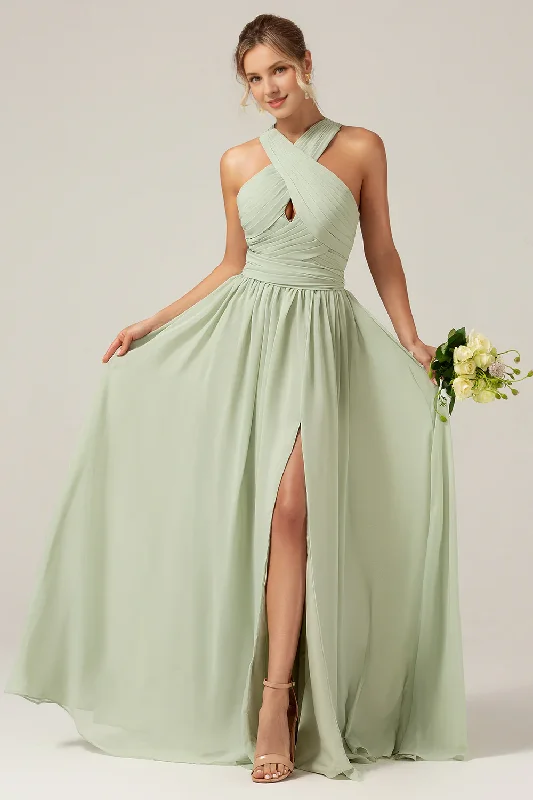 Dusty Sage A-line neck hanging pleated long bridesmaid dress