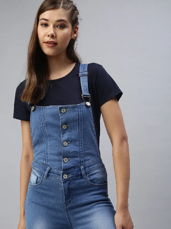 Women Solid Blue Denim Dungaree-CR-7208-Blue