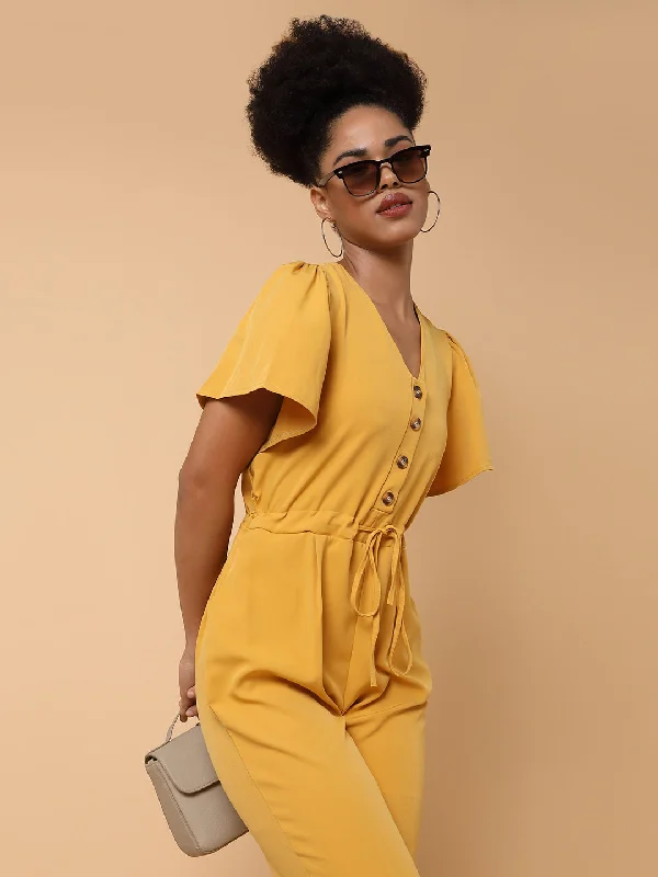 Women V-Neck Solid Yellow Basic Jumpsuit-SH-7170-Yellow