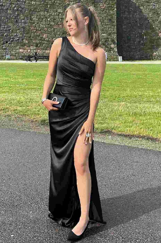 One Shoulder Sheath Pleated Satin High Slit Long Prom Evening Dress