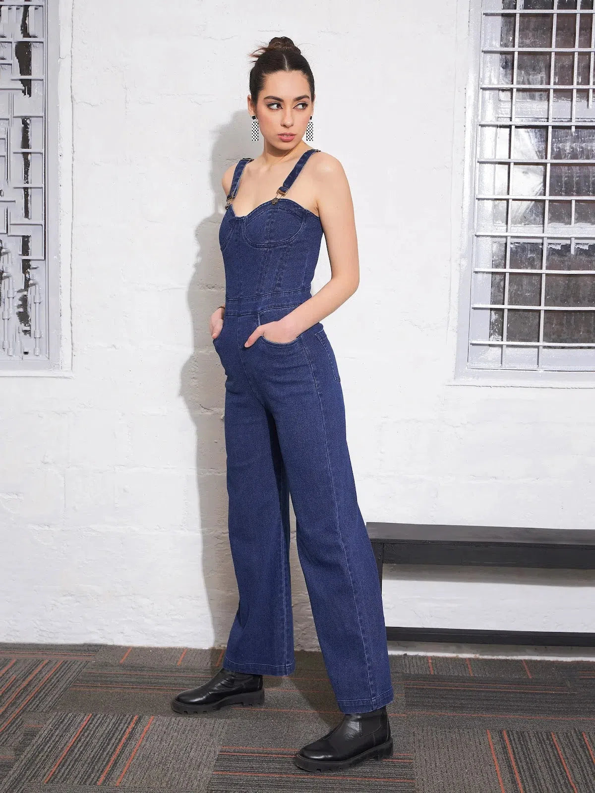 Women Navy Denim Sweatheart Strappy Corset Jumpsuit