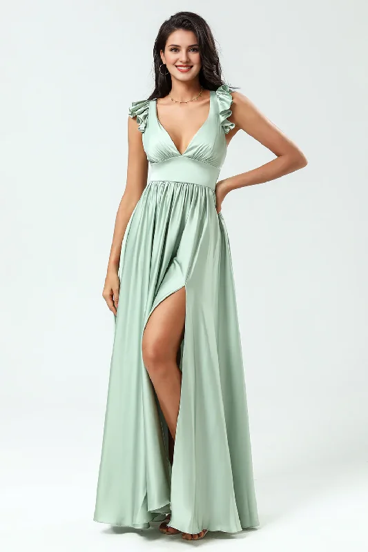 Backless deep V-neck A-line ruffled green split bridesmaid dress