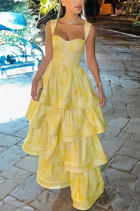 Yellow Printing A-Line Tiered Sleeveless Long Prom Formal Dress