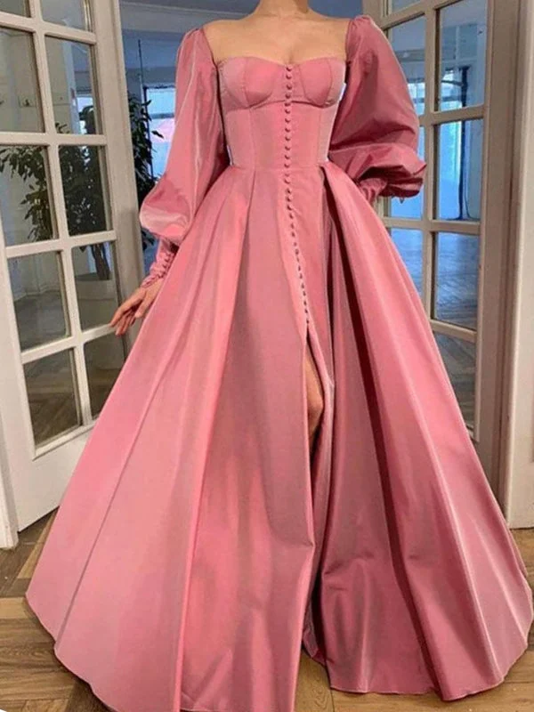 Square Nekline Classic Satin Prom Dresses, Bubble Sleeves Prom Dresses, 2021 Prom Dresses