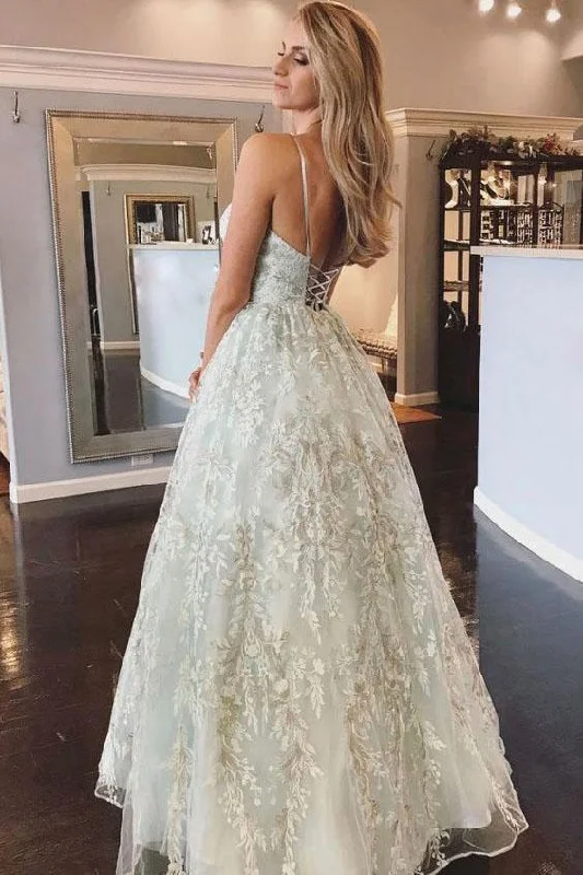 Spaghetti Straps Lace Appliques Beach Wedding Dresses with Lace up Wedding Gowns