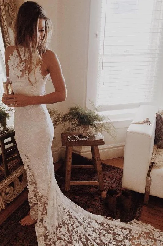 Simple Sleeveless Long Ivory Lace Halter Mermaid Sleeveless Wedding Dresses