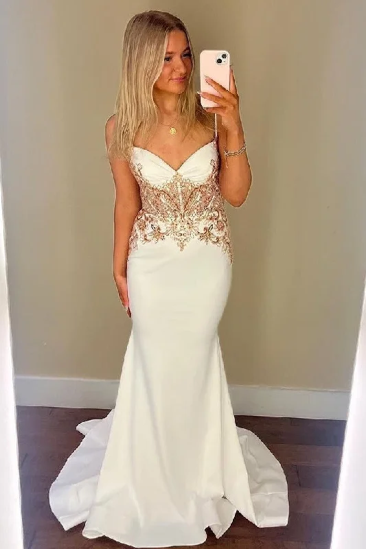 White Spaghetti Straps V-Neck Appliques Mermaid Formal Prom Dress