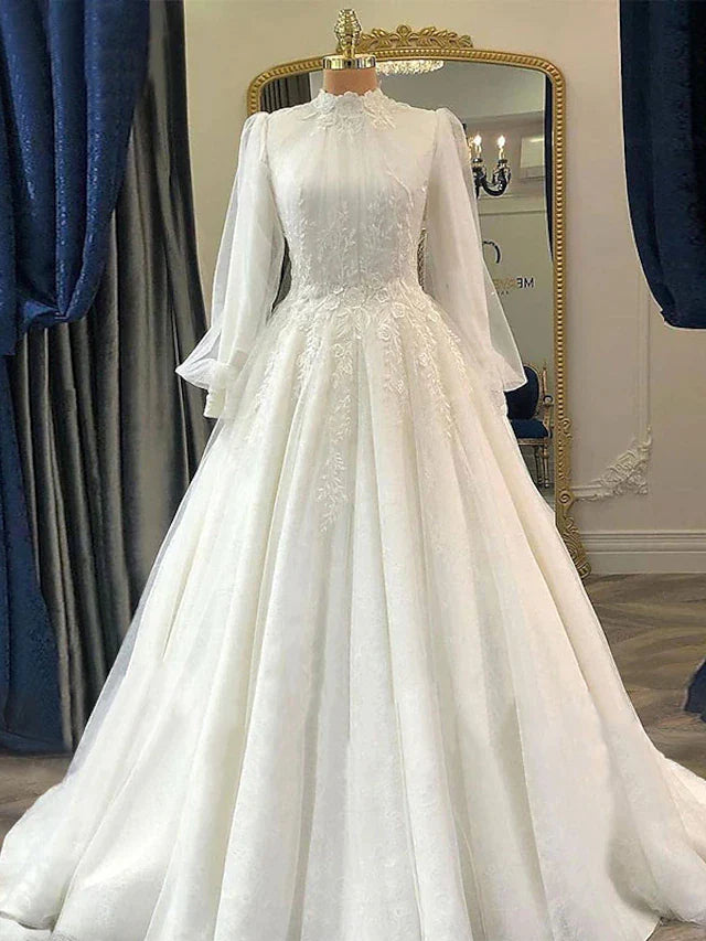 Engagement Vintage 1940s / 1950s Formal Wedding Dresses Court Train Ball Gown Long Sleeve High Neck Lace With Pleats Appliques