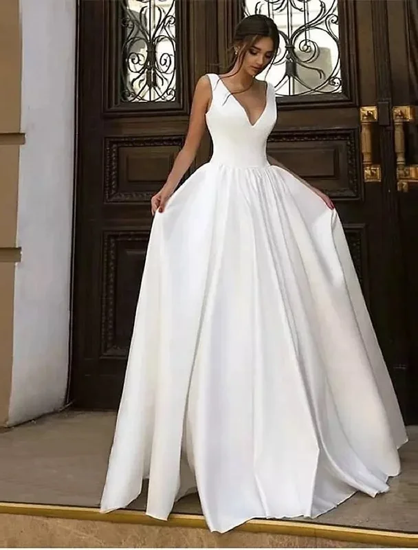 Reception Casual Formal Wedding Dresses A-Line V Neck Sleeveless Floor Length Satin Bridal Gowns With Pleats Solid Color Summer Fall Wedding Party Women's Clothing