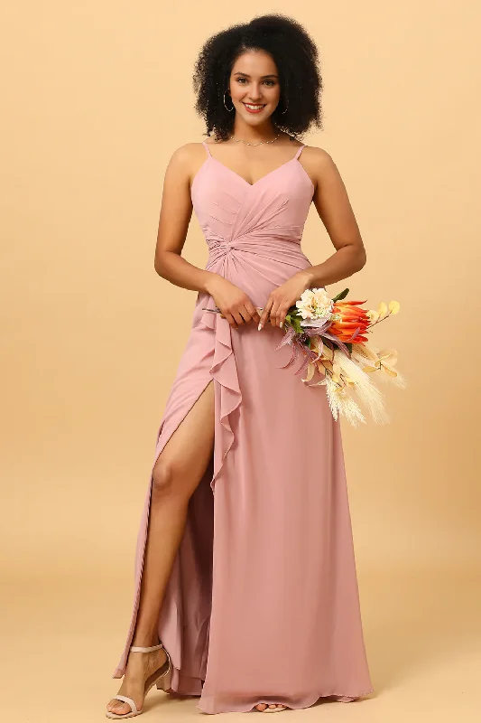 Pink A-line neck V-neck chiffon ruffle hem slit long bridesmaid dress