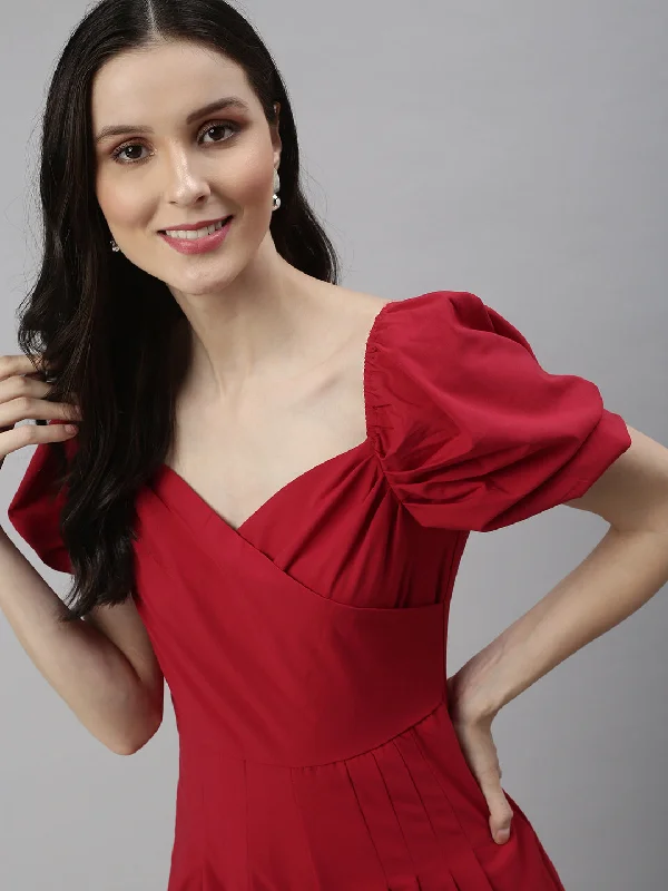 Women Sweetheart Neck Solid Red Playsuit-SH-7169-Red