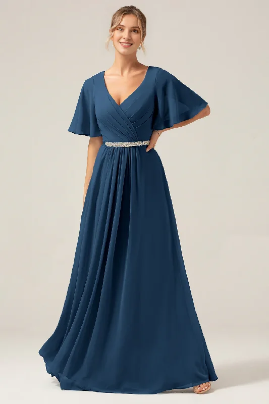 Navy blue A-line V-neck chiffon short sleeved and floor length skirt