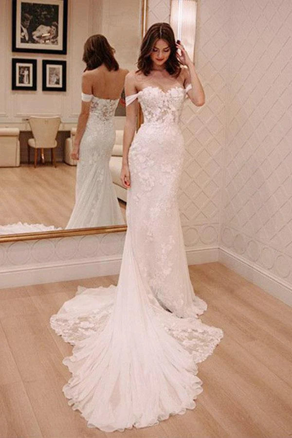 Sheath Off-the-Shoulder White Mermaid Chiffon Lace Appliques Beach Wedding Dresses