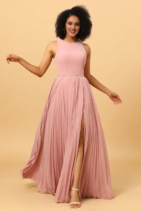 Dusty rose A-line high neck pleated long chiffon bridesmaid dress