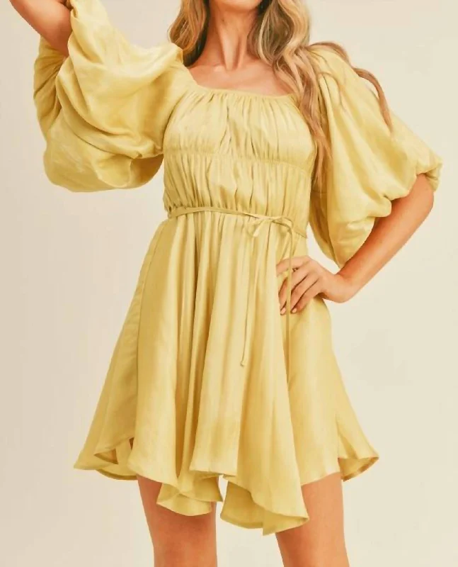 Shiny Bubble Sleeve Mini Dress In Dandelion