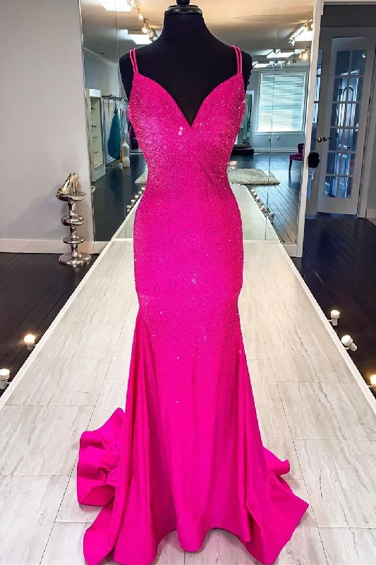 Fuchsia Trumpet Beaded Long Formal Dress