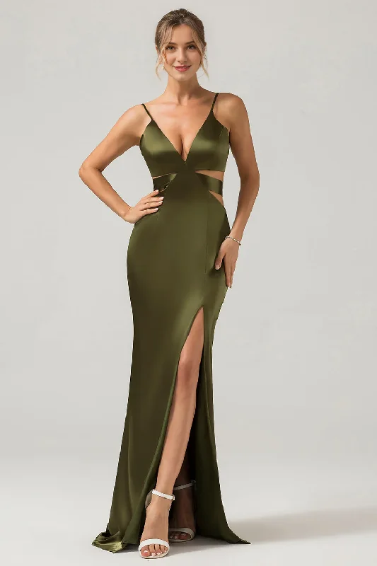 Olive thin shoulder strap cut long slit bridesmaid dress