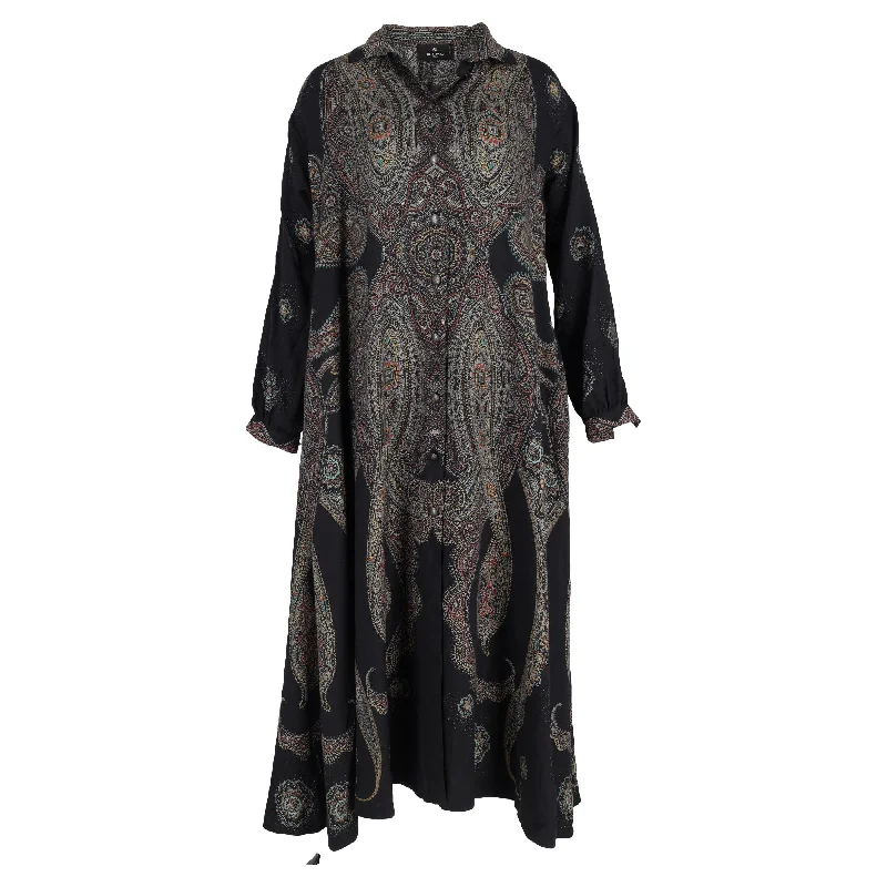 Etro Paisley Print Midi Shirt Dress in Black Viscose