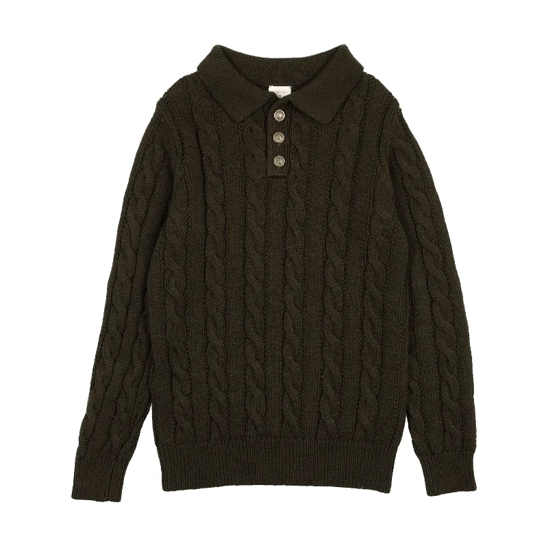 Analogie Cable Knit Long Sleeve Polo - Olive