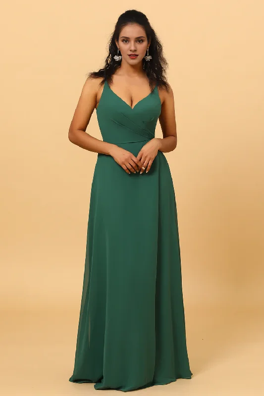 Deep green A-line V-neck and floor length chiffon bridesmaid dress