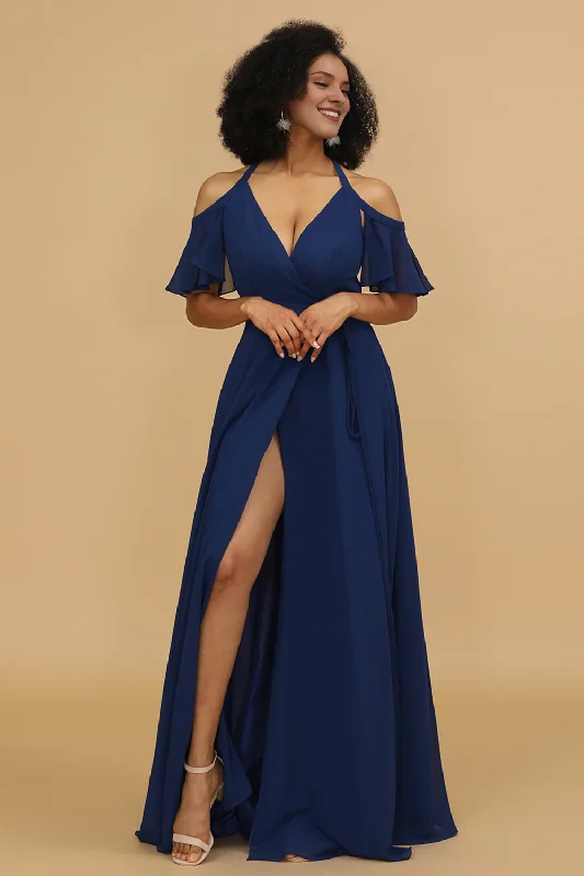 Navy blue split A-line shoulder chiffon bridesmaid dress