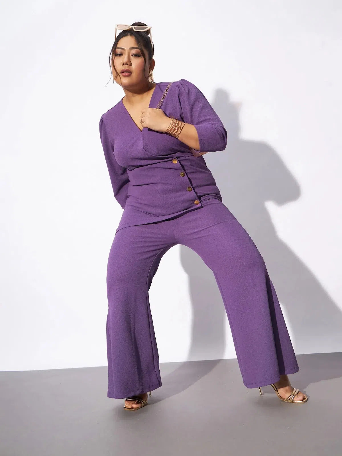 Women Lilac Wrap Top With Kick Pleat Pants