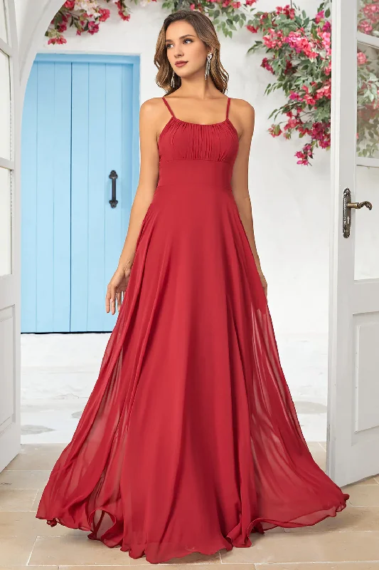 Wine red A-line thin shoulder chiffon long bridesmaid dress