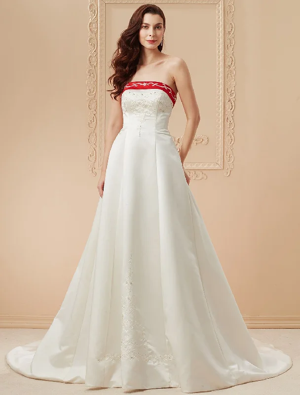 Open Back Wedding Dresses Sweep / Brush Train Ball Gown Strapless Strapless Satin With Embroidery Appliques  Summer Bridal Gowns