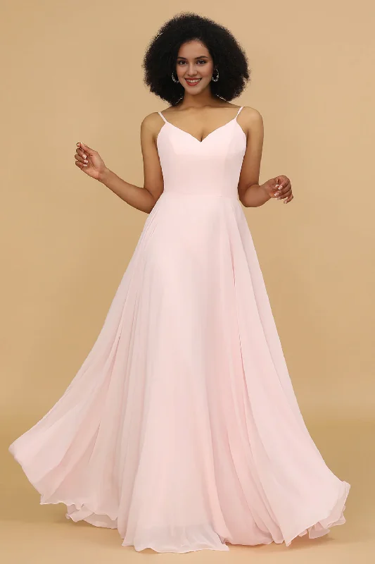 Pink A-line slim shoulder chiffon long bridesmaid dress