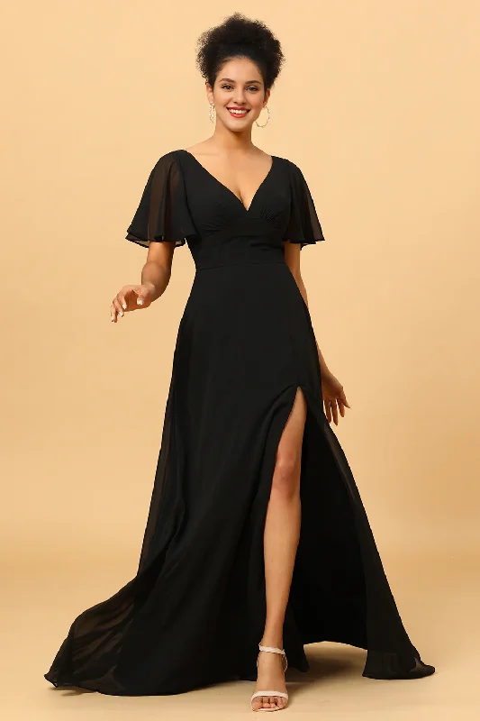 Black A-line V-neck slit chiffon and floor length bridesmaid dress