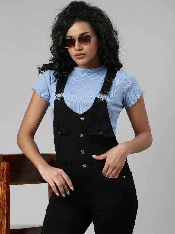 Women Denim Solid Black Dungaree-CR-1200-Black