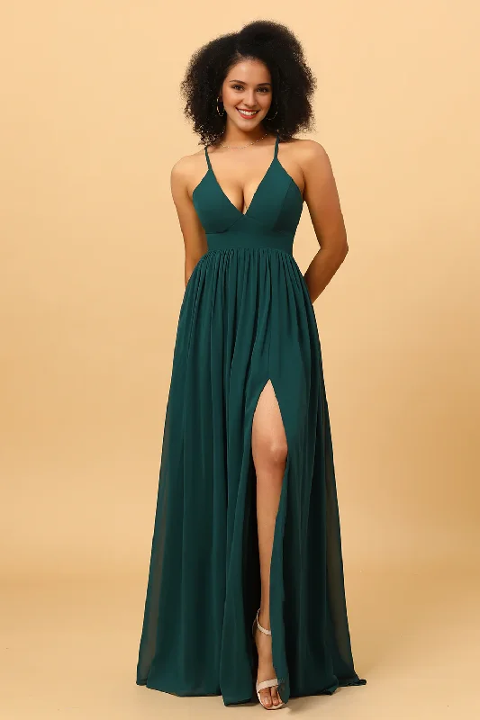 Pine A Line back lace chiffon slit bridesmaid dress