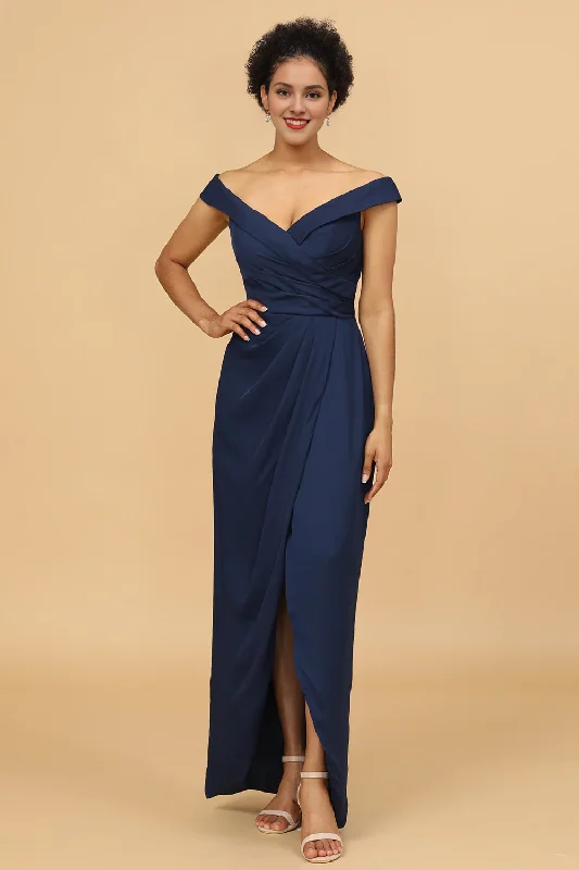 Navy blue tight fitting/straight tube off shoulder satin bridesmaid dress