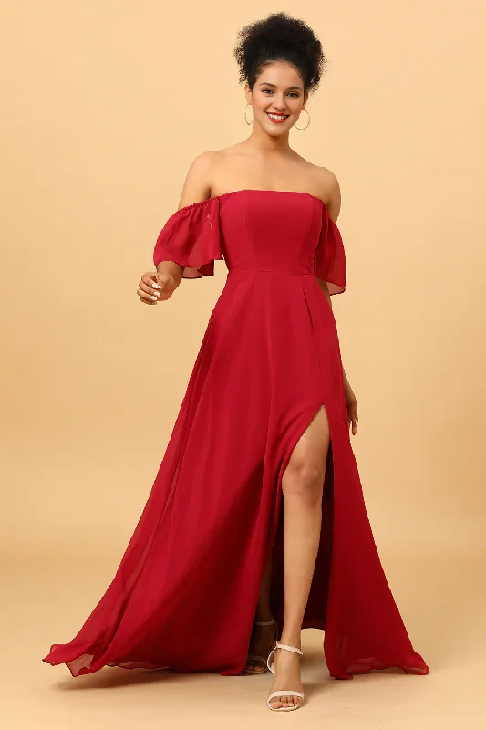 Wine red slit shoulder length chiffon bridesmaid dress