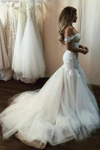 Off the Shoulder Mermaid Tulle Wedding Dresses Lace Appliques Bridal Gown