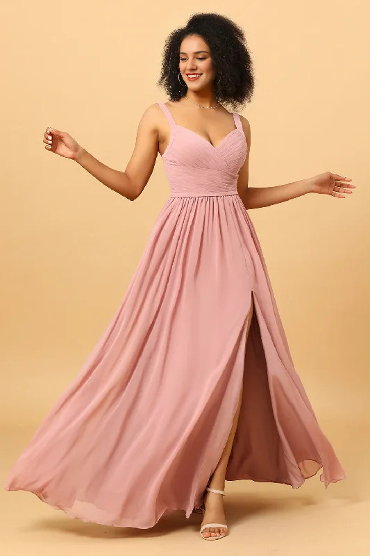 Pink backless side slit long chiffon bridesmaid dress